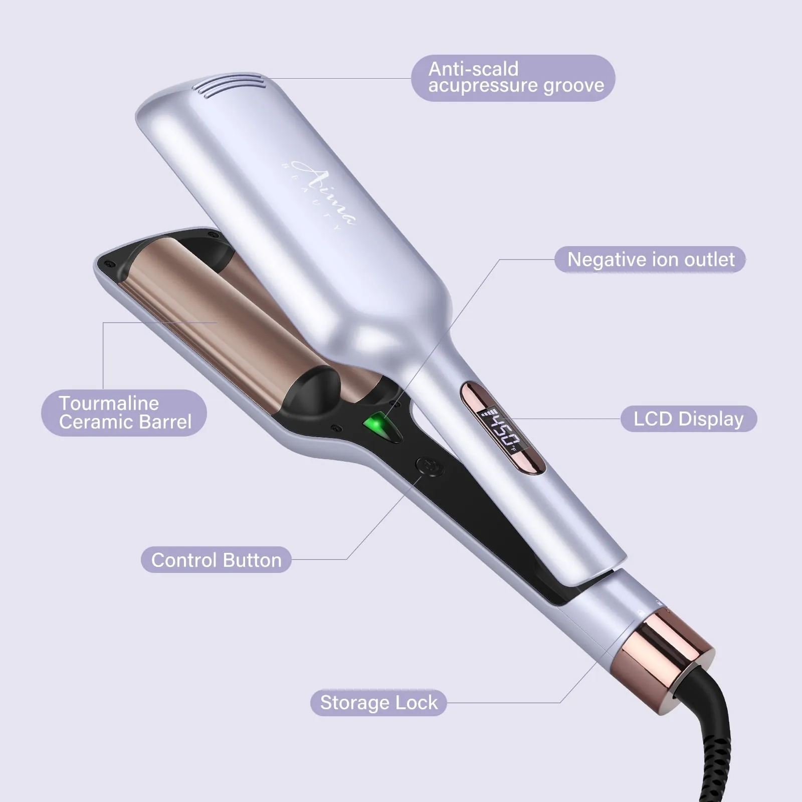 32mm Aima Beauty 2 Barrel Curling Wand Big Wave Mermaid Hair Waver, Hair Crimper Iron Anti-Scald, Negative Ionic Emitter Lock Hair Moisture Short/Medium/Long Hair (Purple)