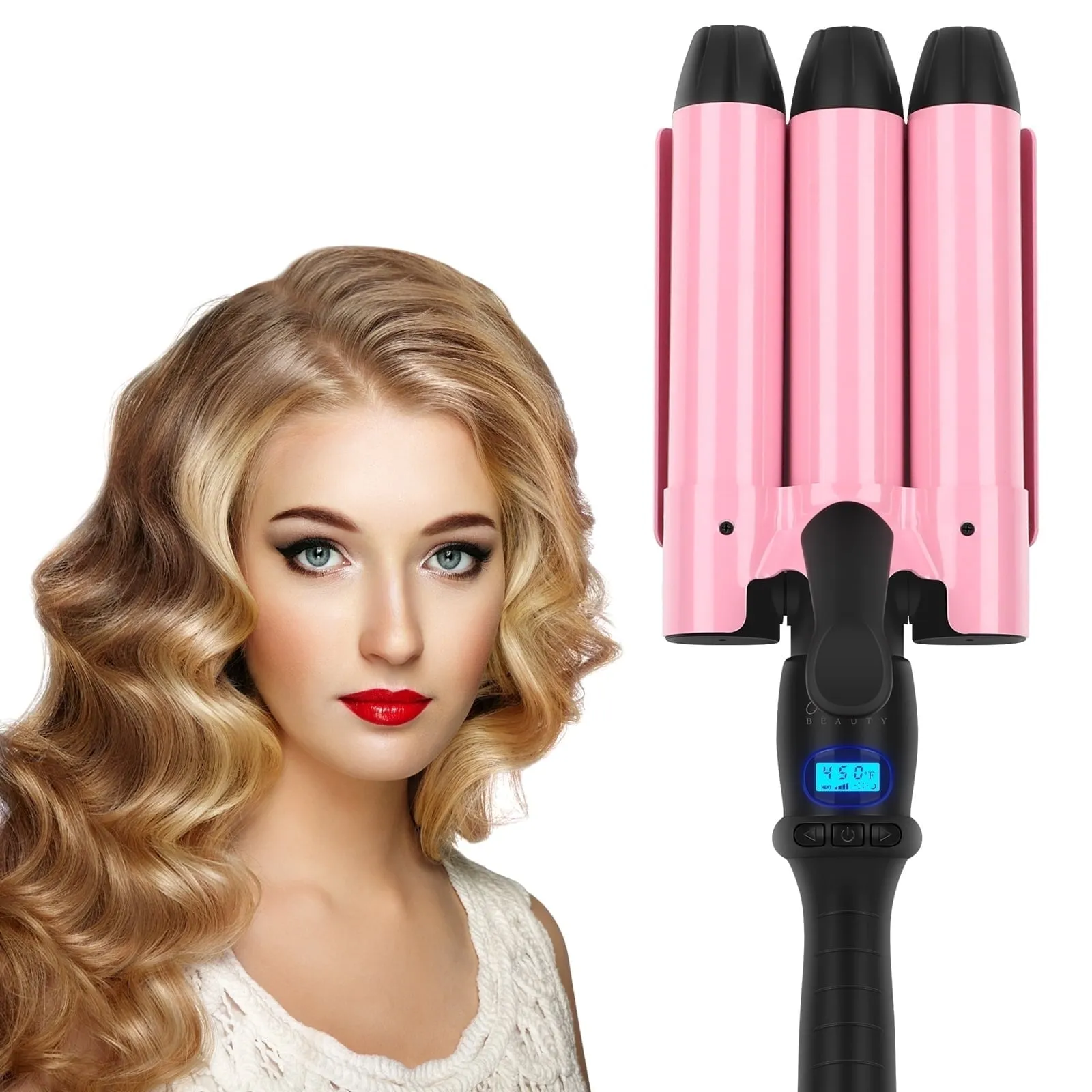 32mm Aima Beauty 2 Barrel Curling Wand Big Wave Mermaid Hair Waver, Hair Crimper Iron Anti-Scald, Negative Ionic Emitter Lock Hair Moisture Short/Medium/Long Hair (Purple)