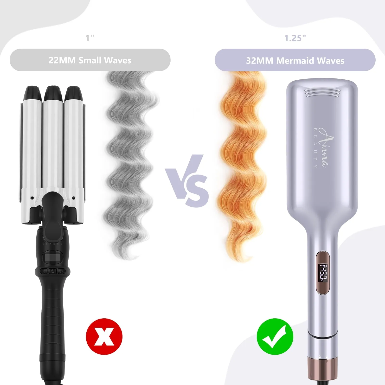 32mm Aima Beauty 2 Barrel Curling Wand Big Wave Mermaid Hair Waver, Hair Crimper Iron Anti-Scald, Negative Ionic Emitter Lock Hair Moisture Short/Medium/Long Hair (Purple)