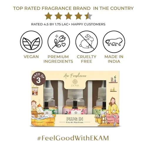 EKAM Rose, Lemongrass & Jasmine 45ML Each Pack of 3 Scented Plug-In Air Room Fresheners Refill | Premium Fragrances | Used For Home Freshener, Room Freshener, Bathroom Freshener,Home Fragrance,Plastic