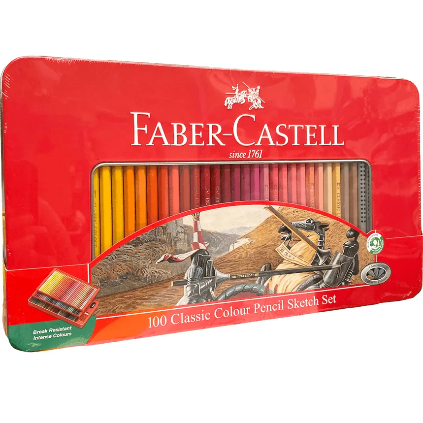 Faber-Castell 100 Classic Sketch Coloured Pencils Tin Set Sharpener