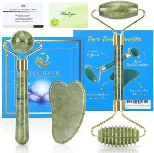 Jade Roller with Gua Sha Massage Set (3Pcs) | Face Roller for Eye Puffiness | Skin Tightening Face Massager Gifts for Women