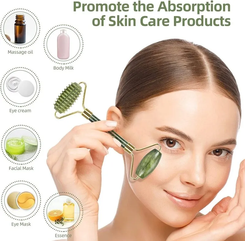 Jade Roller with Gua Sha Massage Set (3Pcs) | Face Roller for Eye Puffiness | Skin Tightening Face Massager Gifts for Women