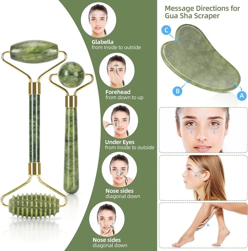Jade Roller with Gua Sha Massage Set (3Pcs) | Face Roller for Eye Puffiness | Skin Tightening Face Massager Gifts for Women