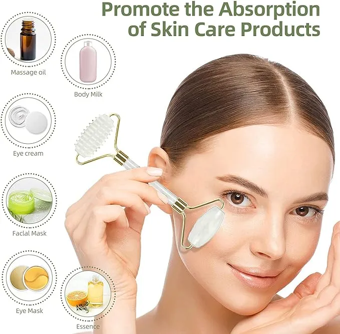 Jade Roller with Gua Sha Massage Set (3Pcs) | Face Roller for Eye Puffiness | Skin Tightening Face Massager Gifts for Women