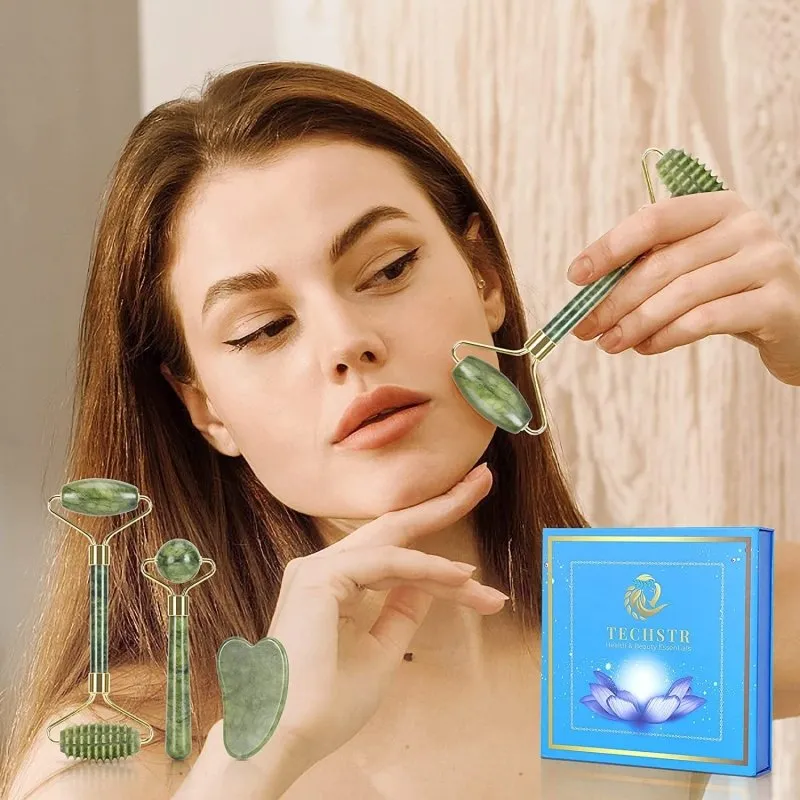 Jade Roller with Gua Sha Massage Set (3Pcs) | Face Roller for Eye Puffiness | Skin Tightening Face Massager Gifts for Women