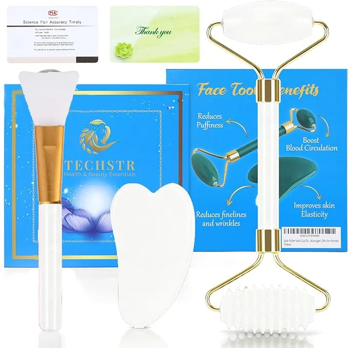 Jade Roller with Gua Sha Massage Set (3Pcs) | Face Roller for Eye Puffiness | Skin Tightening Face Massager Gifts for Women
