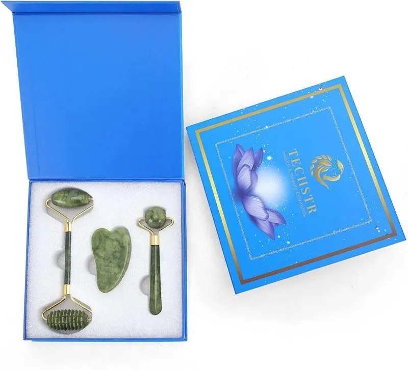 Jade Roller with Gua Sha Massage Set (3Pcs) | Face Roller for Eye Puffiness | Skin Tightening Face Massager Gifts for Women